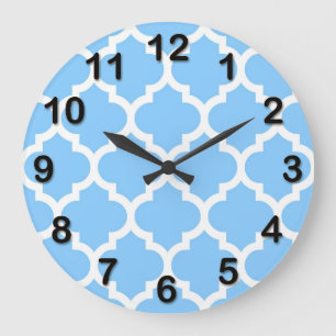 Sky Blue White Moroccan Quatrefoil Pattern #5 Large Clock