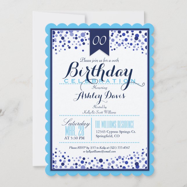 Sky Blue, White, Navy Blue Birthday Party Invitation (Front)