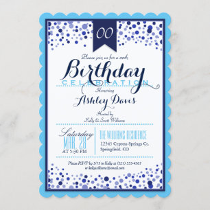 Sky Blue, White, Navy Blue Birthday Party Invitation