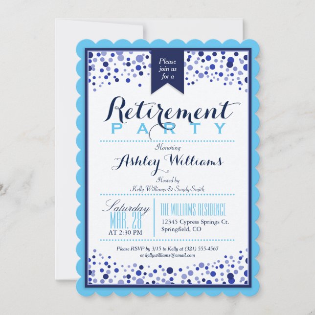 Sky Blue, White, Navy Blue Retirement Party Invitation (Front)