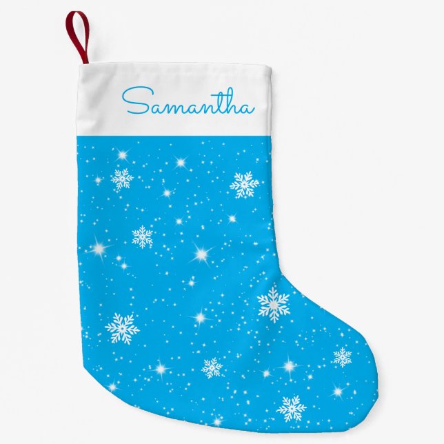 Sky Blue White Snowflakes Stars Pattern with Name Small Christmas Stocking (Front)