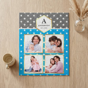 Sky Blue White Stars Pattern Family Photo Collage Jigsaw Puzzle
