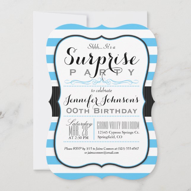 Sky Blue & White Stripes Surprise Party Invitation (Front)