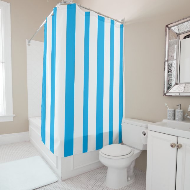 Sky Blue White Summer Stripes Shower Curtain (In Situ)