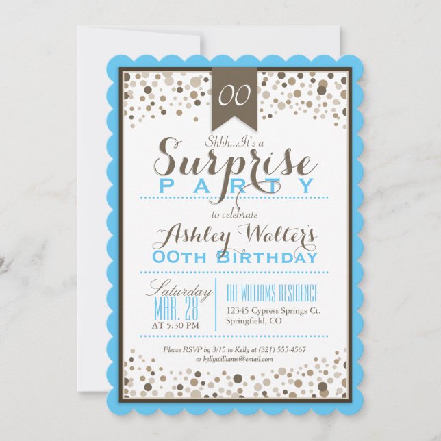 Sky Blue, White, Taupe Surprise Party Invitation (Front)