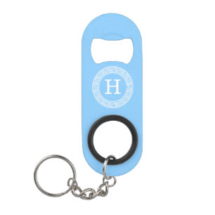 Sky Blue Wht Greek Key Rnd Frame Initial Monogram