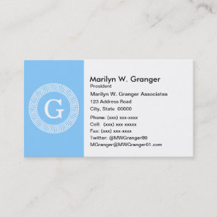Sky Blue Wht Greek Key Rnd Frame Initial Monogram Business Card