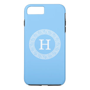 Sky Blue Wht Greek Key Rnd Frame Initial Monogram iPhone 8 Plus/7 Plus Case