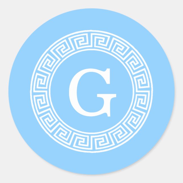 Sky Blue Wht Greek Key Rnd Frame Initial Monogram Classic Round Sticker (Front)