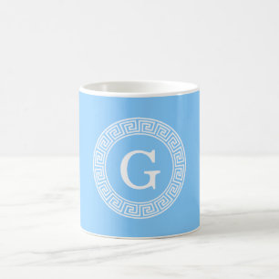 Sky Blue Wht Greek Key Rnd Frame Initial Monogram Coffee Mug