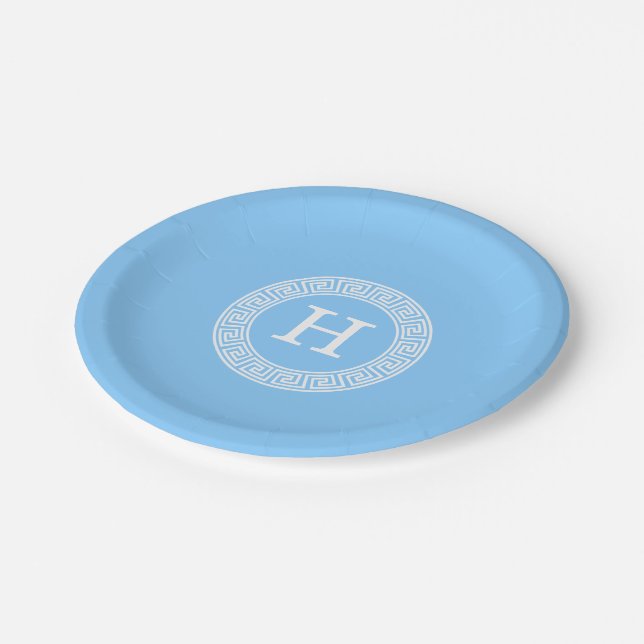 Sky Blue Wht Greek Key Rnd Frame Initial Monogram Paper Plate (Angled)