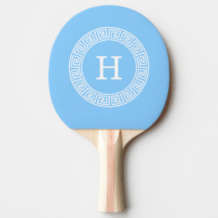 Sky Blue Wht Greek Key Rnd Frame Initial Monogram Ping Pong Paddle