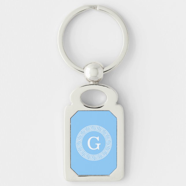 Sky Blue Wht Greek Key Rnd Frame Initial Monogram Ring (Front)