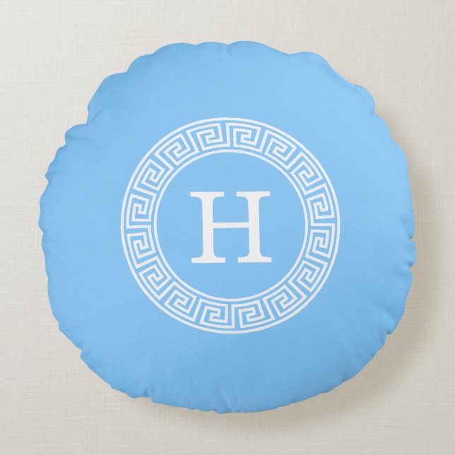Sky Blue Wht Greek Key Rnd Frame Initial Monogram Round Cushion (Front)
