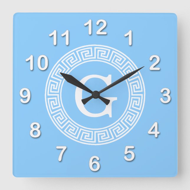 Sky Blue Wht Greek Key Rnd Frame Initial Monogram Square Wall Clock (Front)
