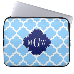 Sky Blue Wht Moroccan #5 Navy Blu 5c Name Monogram Laptop Sleeve