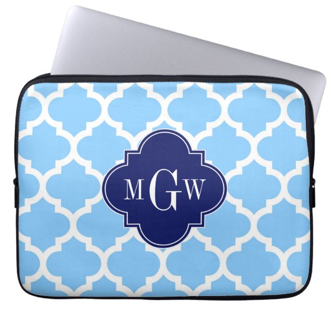 Sky Blue Wht Moroccan #5 Navy Blu 5c Name Monogram Laptop Sleeve (Front)