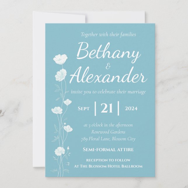 Sky Blue with White Florals Wedding Invitation (Front)