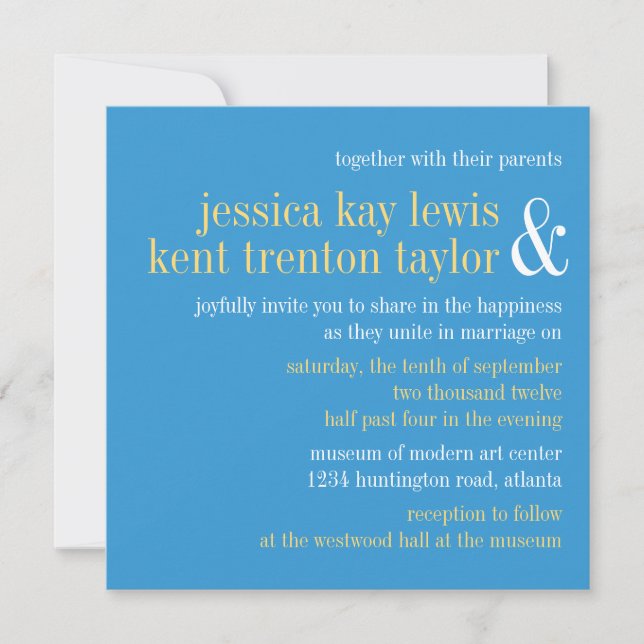 Sky blue yellow typography modern couple wedding invitation (Front)