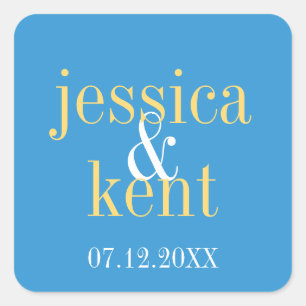 Sky blue yellow typography modern wedding favour square sticker