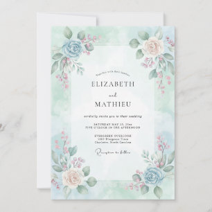 Sky Champagne Ranunculus Eucalyptus Wedding Invitation