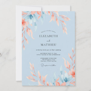 Sky Coral Leafy Wedding Invitation