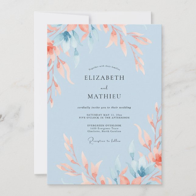Sky Coral Leafy Wedding Invitation (Front)
