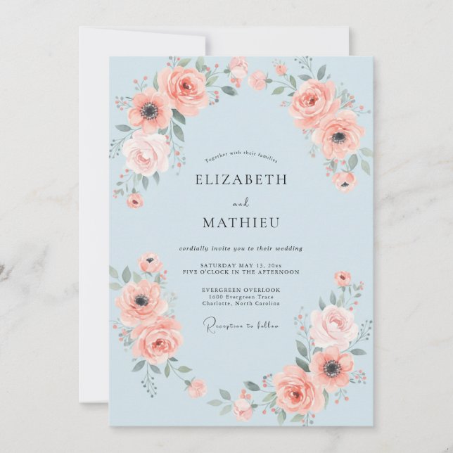 Sky Coral Peony Wedding Invitation (Front)