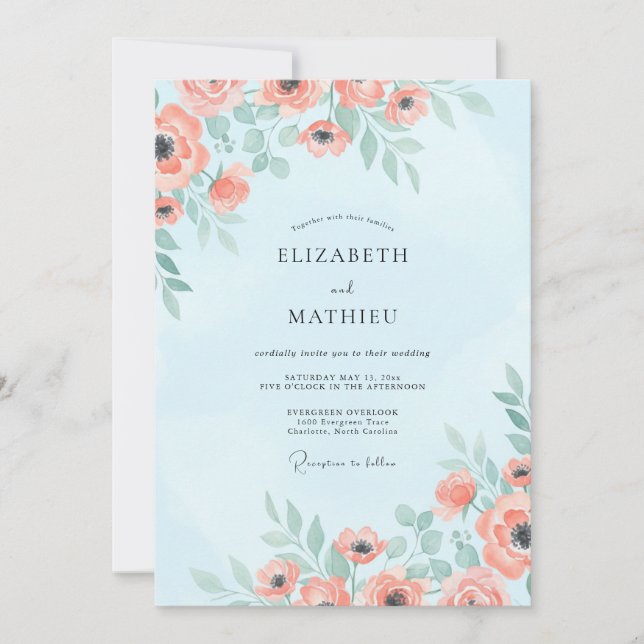 Sky Coral Poppy Wedding Invitation (Front)