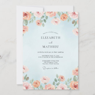Sky Coral Watercolor Wedding Invitation