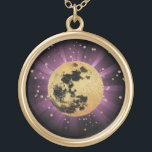 *~* Sky Cosmos Universe Stars Moon Lunar Gold Plated Necklace<br><div class="desc">* Energy Enhanced Lunar Cosmos Celestial Luna Space design GOLD Plated Round Necklace. This is a design of a luscious faux Gold Foil and Black Moon with a soft Pastel PINK burst of reflective healing light on a purple violet background sky. There is an abstract depiction of outer space by...</div>