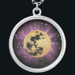 *~* Sky Cosmos Universe Stars Moon Lunar Silver Plated Necklace<br><div class="desc">* Energy Enhanced Lunar Cosmos Celestial Luna Space design Silver Plated Necklace. This is a design of a luscious faux Gold Foil and Black Moon with a soft Pastel PINK burst of reflective healing light on a purple violet background sky. There is an abstract depiction of outer space by using...</div>