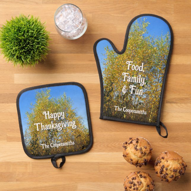 Sky Dancing Autumn Leaves - Personalised Oven Mitt & Pot Holder Set (Top Down)