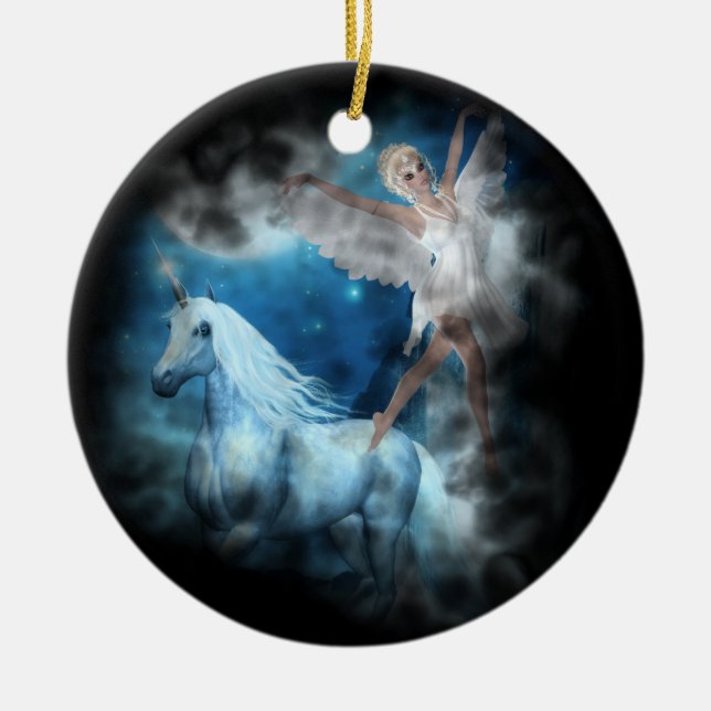Sky Faerie Asparas and Unicorn Vignette Ceramic Tree Decoration (Front)