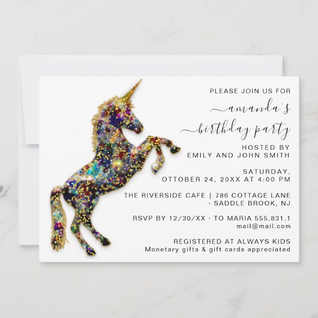Sky Gold Glitter Unicorn Horse White Birthday  Invitation (Front)