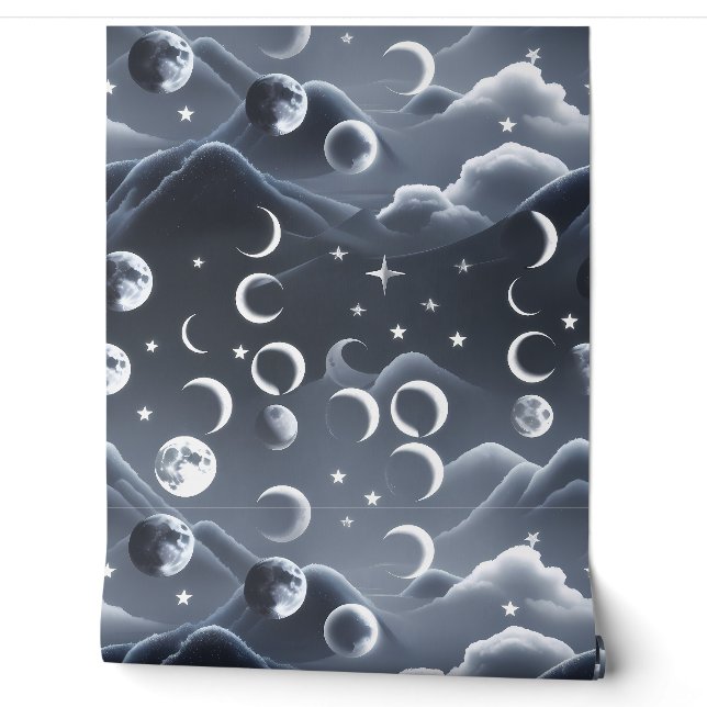 Sky Grey Celestial Moon – Modern Moon Phase Decor Wallpaper (Unrolling)