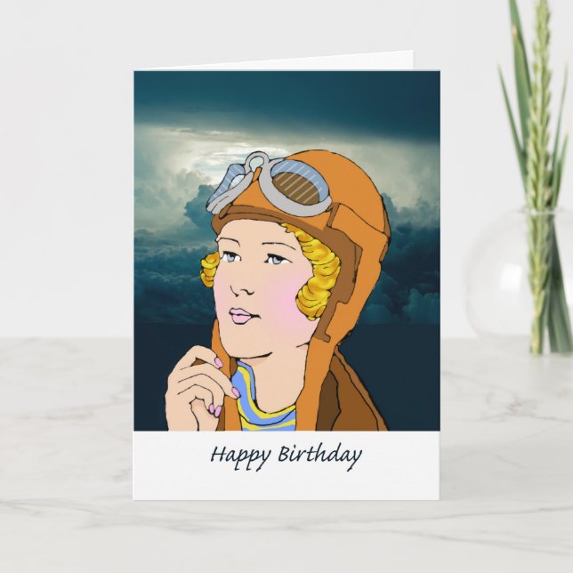 Sky High Birthday for Her, Retro Female Pilot Card (Front)