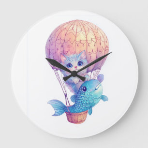 Sky High Kitty � Cute Whimsical Cat Adventure Large Clock