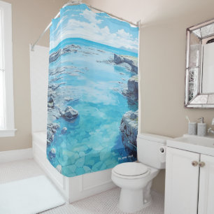 Sky Lagoon Iceland Art Vintage Illustration Travel Shower Curtain