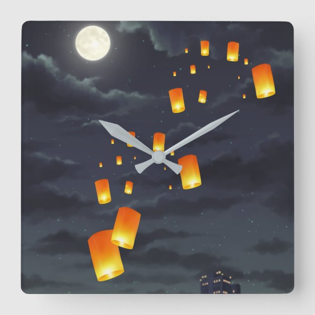 Sky lantern/yellow lamp/night light square wall clock (Front)