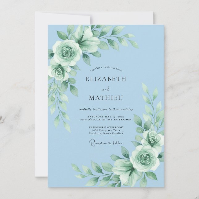 Sky Mint Rose Wedding Invitation (Front)