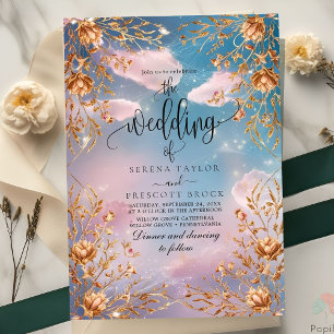 Sky of Love Golden flowers Wedding Invitation