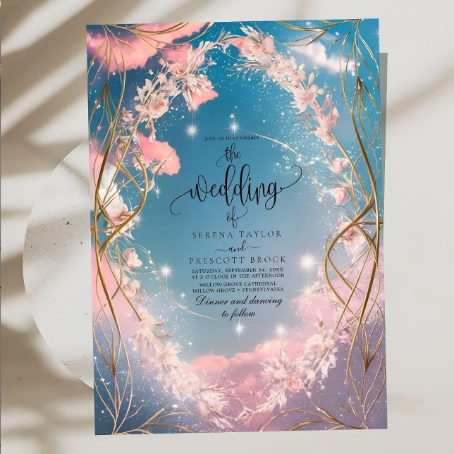 Sky of Love Ornate Rosy Florals Wedding Invitation (Creator Uploaded)