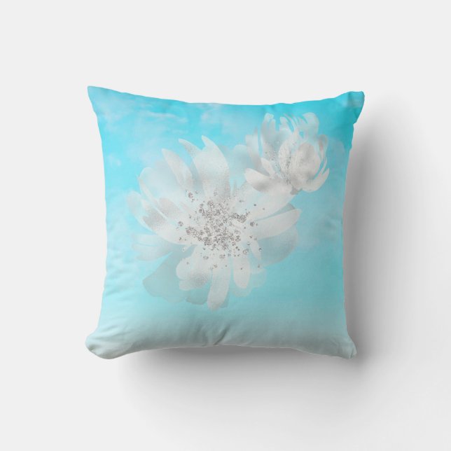 *~* Sky Ombre Clouds White Flowers Glitter Blue Cushion (Front)