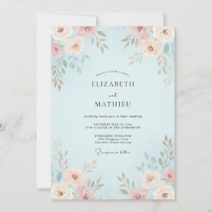 Sky Peach Ranunculus Eucalyptus Wedding Invitation