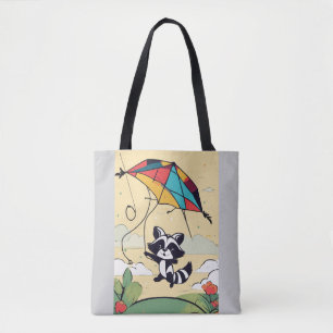 Sky Play: Minimalist Raccoon & Kite Tote Bag