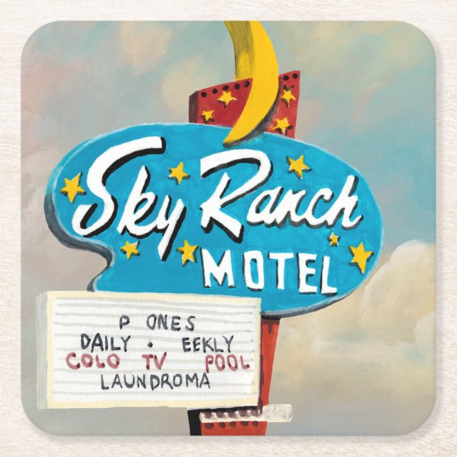 Sky Ranch Motel Sign Square Paper Coaster (Front)