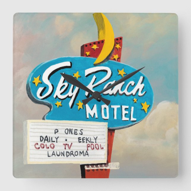 Sky Ranch Motel Sign Square Wall Clock (Front)