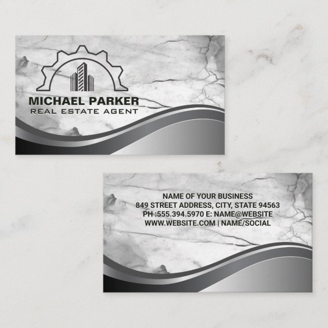 Sky Scraper Buildings | Marble Metal Background Business Card (Front/Back)
