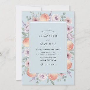 Sky Soft Blue Coral Blossom Wedding Invitation